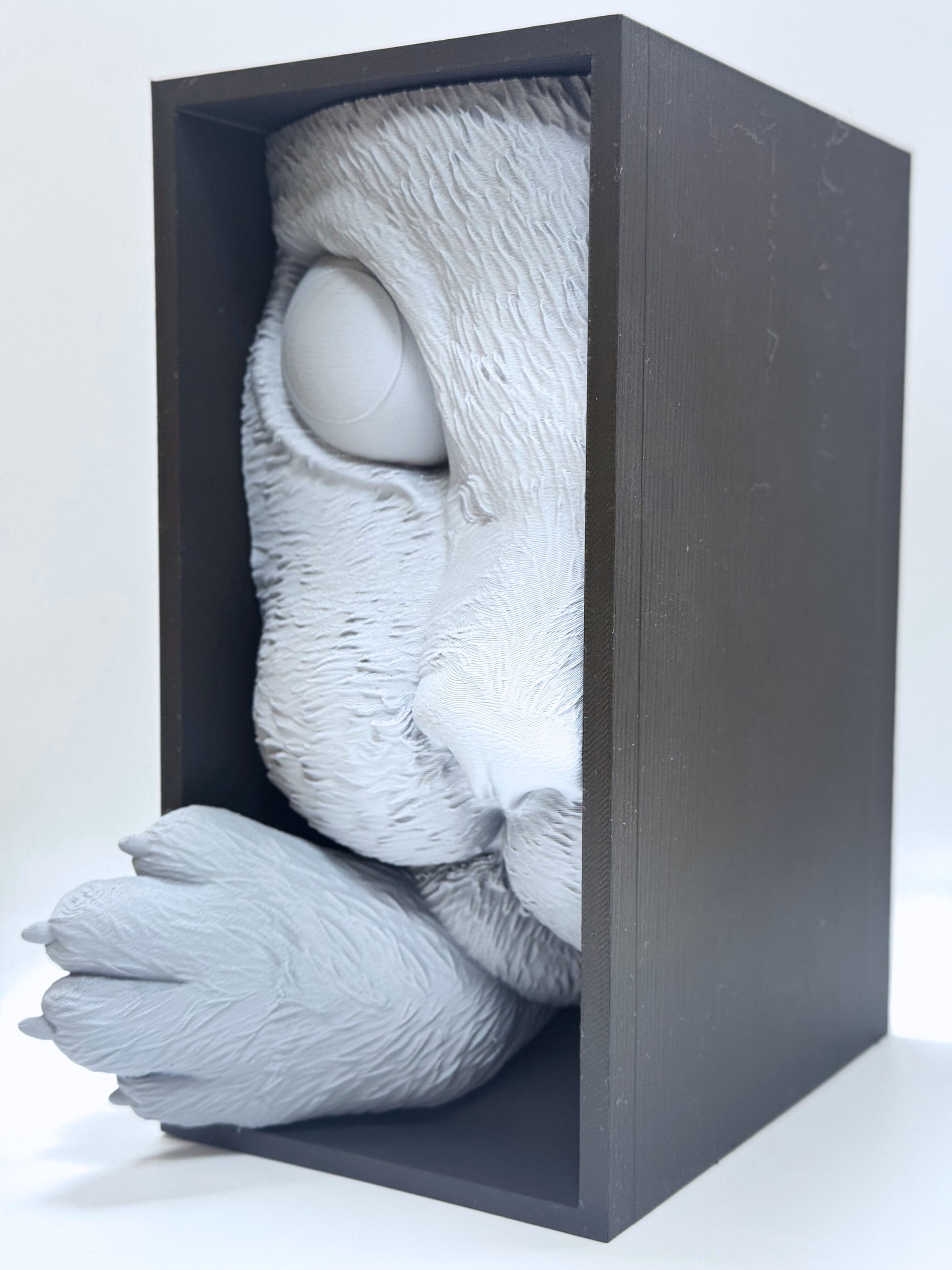 Curious Cat Bookend featuring a cat sculpture peeking from a box, detailed fur texture