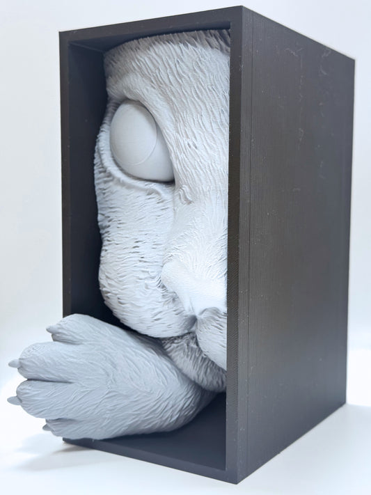 Curious Cat Bookend featuring a cat sculpture peeking from a box, detailed fur texture
