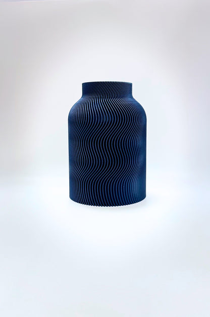 Dark Blue Luna Vase with sculptural wave texture and inner glass insert for home decoration